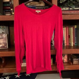 R Cinco Ranch Vibrant Red Long Sleeve Fringe Top - Size S - NWT